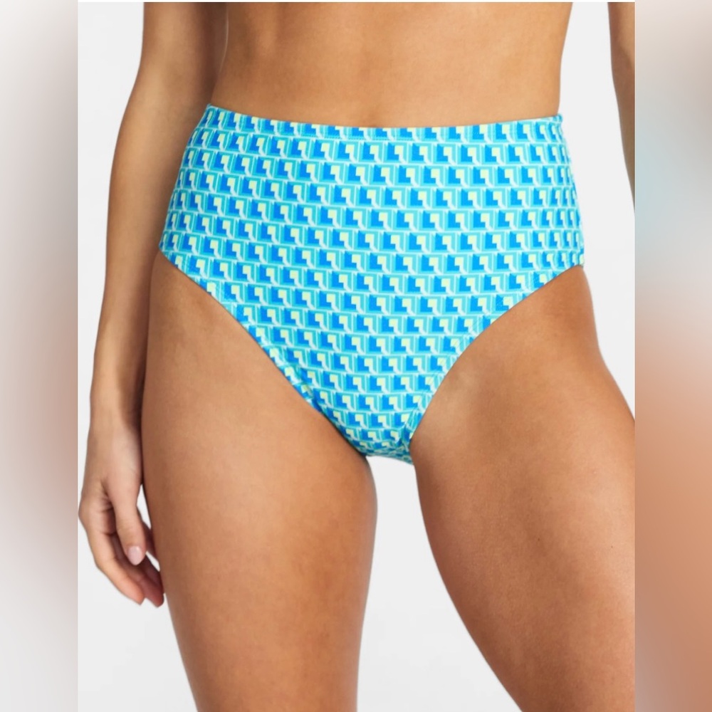 NWT Time and Tru High Waist Geo Print Bikini Bottoms Size M Teal Blue Swim - Picture 2 of 11